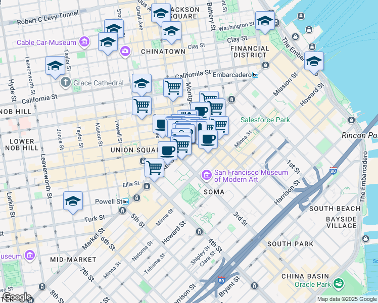map of restaurants, bars, coffee shops, grocery stores, and more near 685 Market Street in San Francisco