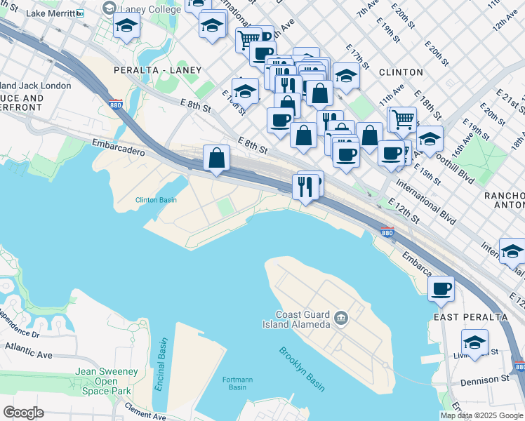map of restaurants, bars, coffee shops, grocery stores, and more near 1000 Embarcadero in Oakland
