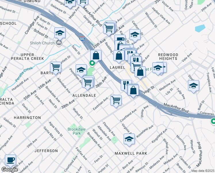 map of restaurants, bars, coffee shops, grocery stores, and more near 4012 Suter Street in Oakland