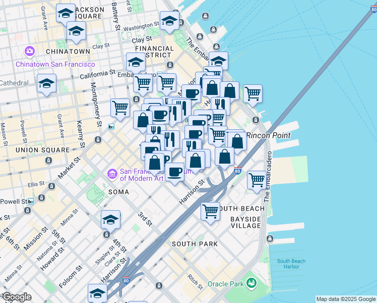 map of restaurants, bars, coffee shops, grocery stores, and more near 400 Folsom Street in San Francisco