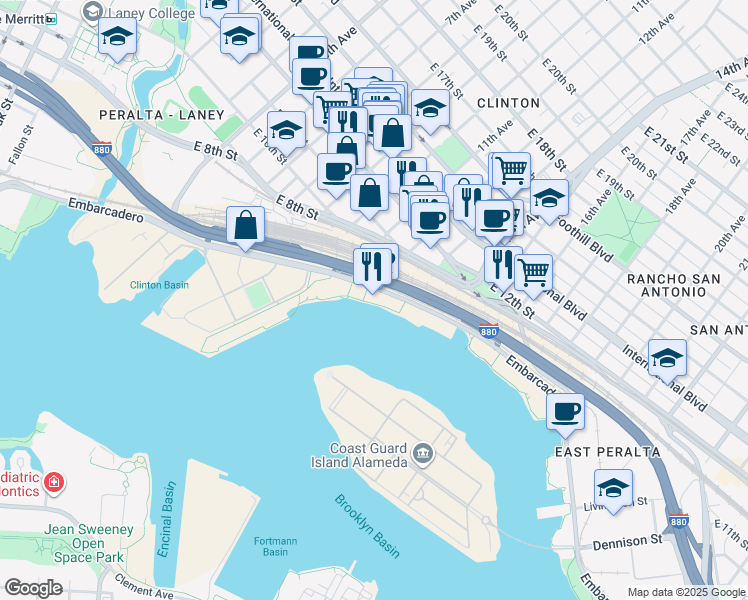 map of restaurants, bars, coffee shops, grocery stores, and more near 1195-1199 Embarcadero in Oakland