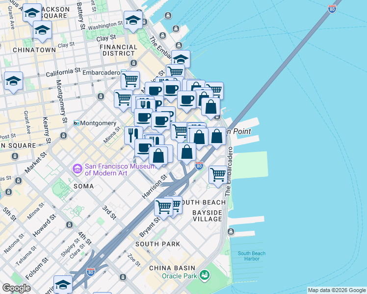 map of restaurants, bars, coffee shops, grocery stores, and more near 388 Beale Street in San Francisco
