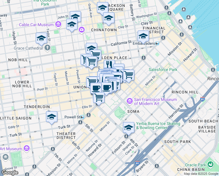 map of restaurants, bars, coffee shops, grocery stores, and more near 23 Geary Street in San Francisco