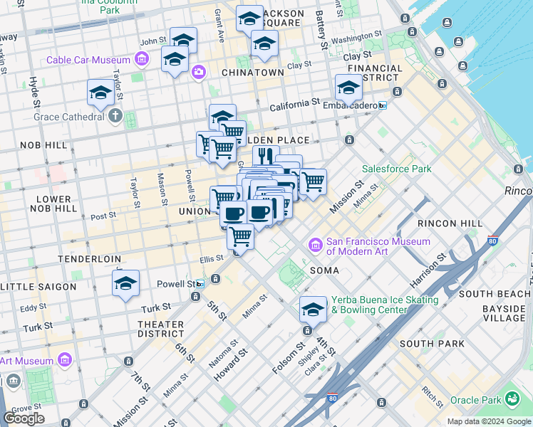 map of restaurants, bars, coffee shops, grocery stores, and more near 23 Geary Street in San Francisco