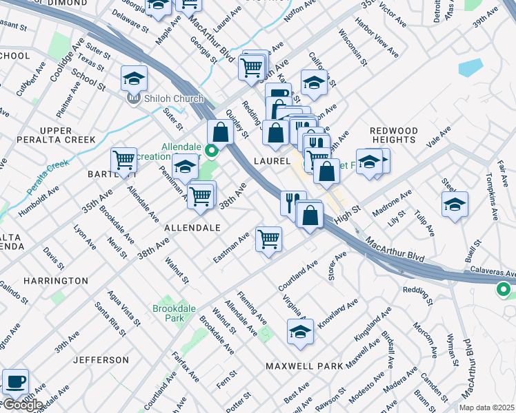 map of restaurants, bars, coffee shops, grocery stores, and more near 4012 Suter Street in Oakland