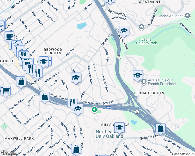 map of restaurants, bars, coffee shops, grocery stores, and more near Fair Avenue in Oakland