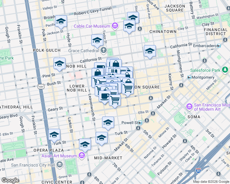 map of restaurants, bars, coffee shops, grocery stores, and more near 599 Post Street in San Francisco