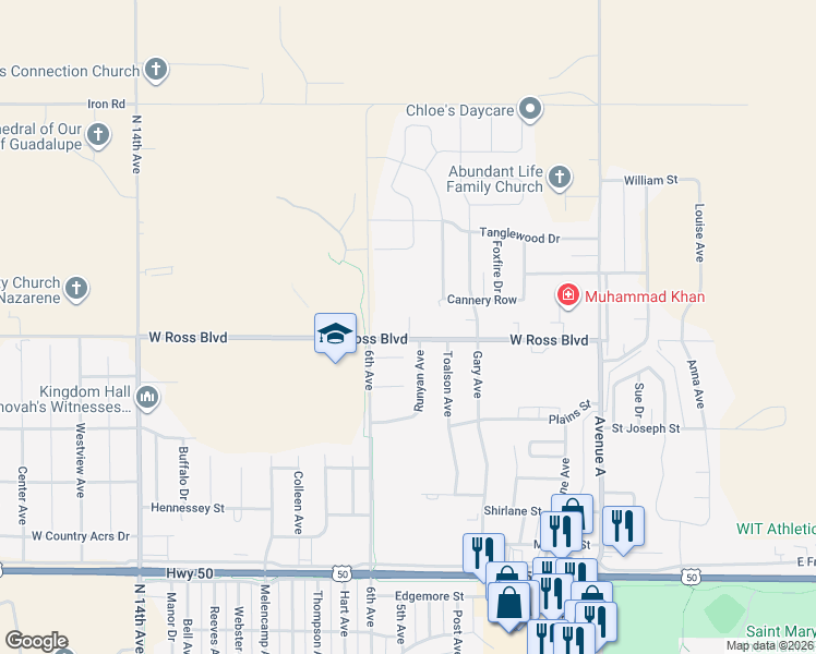 map of restaurants, bars, coffee shops, grocery stores, and more near 600 West Ross Boulevard in Dodge City
