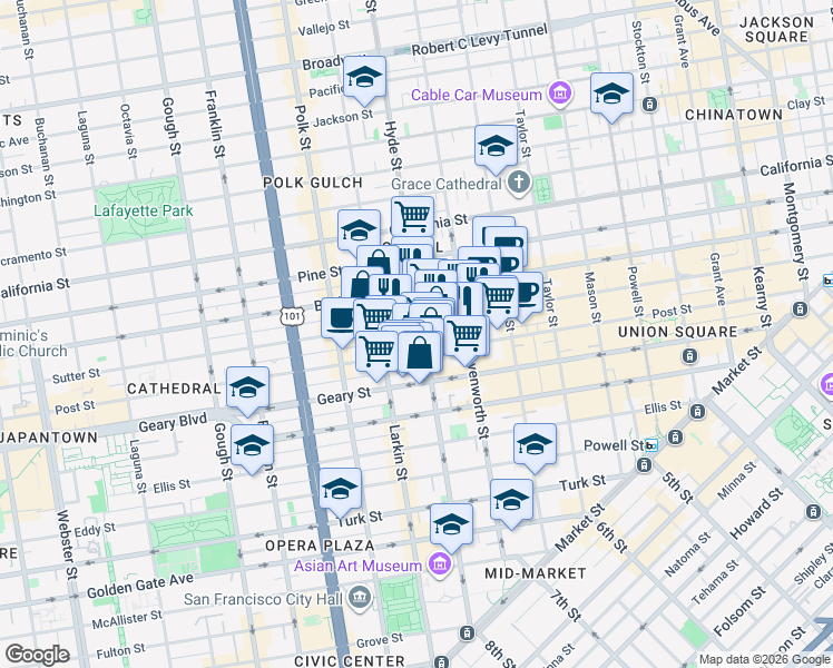 map of restaurants, bars, coffee shops, grocery stores, and more near 737 Hyde Street in San Francisco