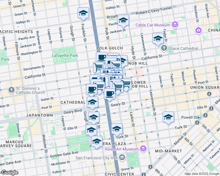 map of restaurants, bars, coffee shops, grocery stores, and more near 1238 Sutter Street in San Francisco