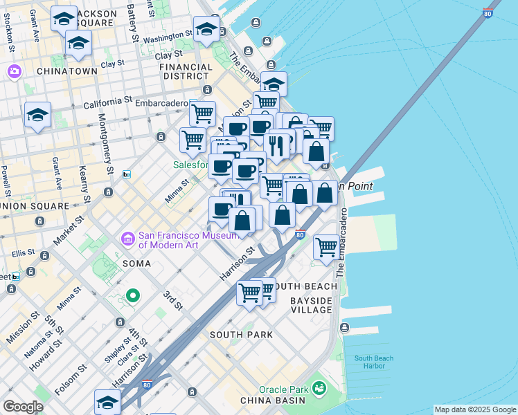 map of restaurants, bars, coffee shops, grocery stores, and more near 325 Fremont Street in San Francisco
