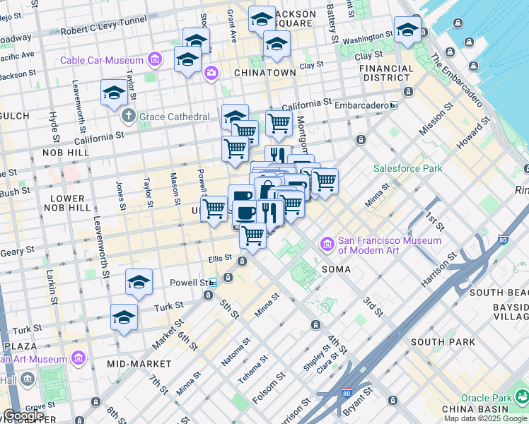 map of restaurants, bars, coffee shops, grocery stores, and more near 77 Geary Street in San Francisco