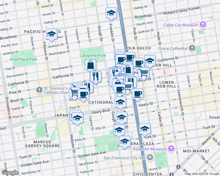 map of restaurants, bars, coffee shops, grocery stores, and more near 1701 Bush Street in San Francisco