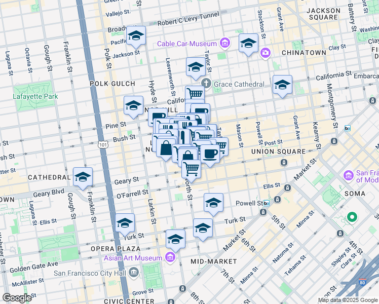 map of restaurants, bars, coffee shops, grocery stores, and more near 736 Leavenworth Street in San Francisco