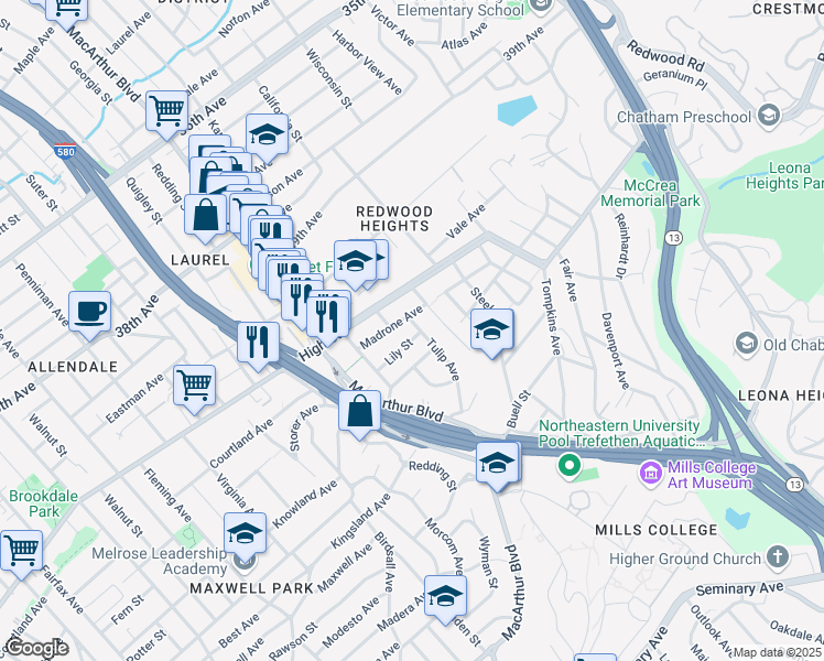 map of restaurants, bars, coffee shops, grocery stores, and more near 3716 Madrone Avenue in Oakland