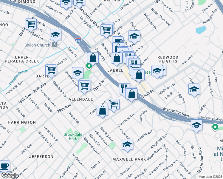 map of restaurants, bars, coffee shops, grocery stores, and more near 4012 Suter Street in Oakland