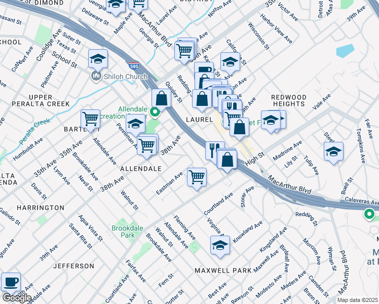 map of restaurants, bars, coffee shops, grocery stores, and more near 4012 Suter Street in Oakland