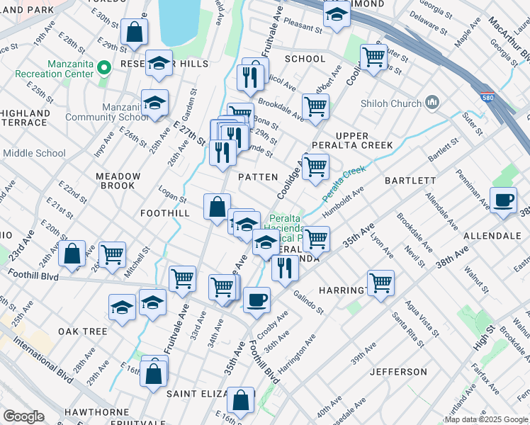 map of restaurants, bars, coffee shops, grocery stores, and more near 3271 Prentiss Street in Oakland