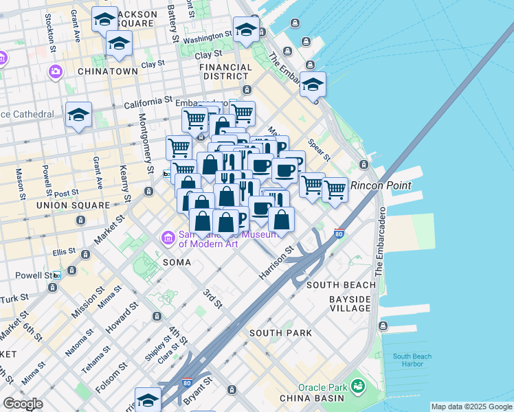map of restaurants, bars, coffee shops, grocery stores, and more near 405 Howard Street in San Francisco