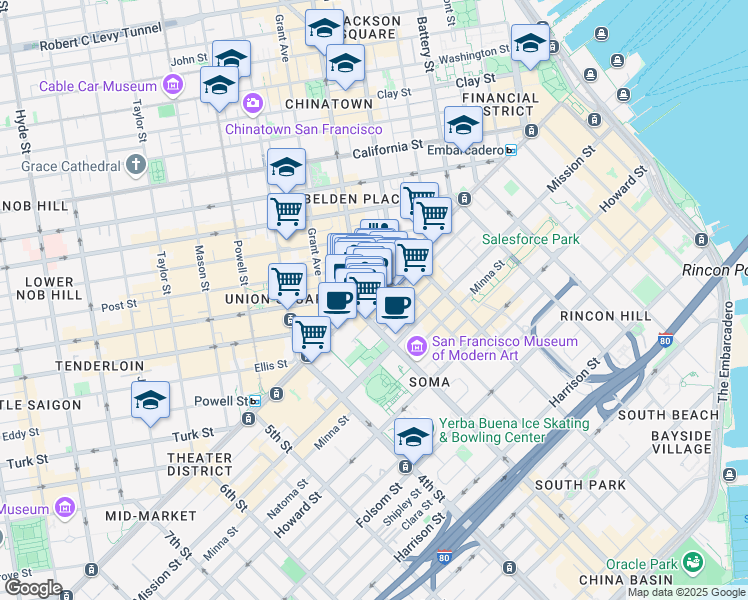 map of restaurants, bars, coffee shops, grocery stores, and more near 9 Kearny Street in San Francisco