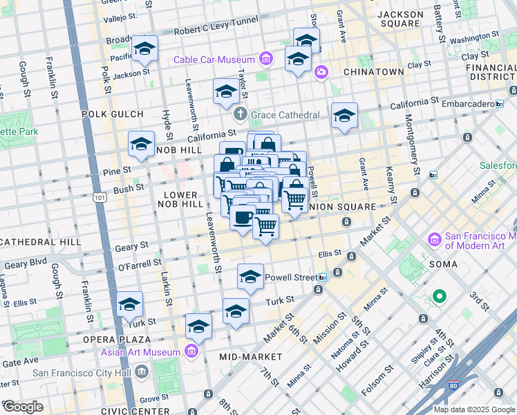 map of restaurants, bars, coffee shops, grocery stores, and more near 628 Post Street in San Francisco