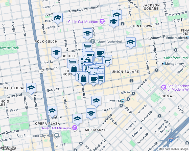 map of restaurants, bars, coffee shops, grocery stores, and more near in San Francisco