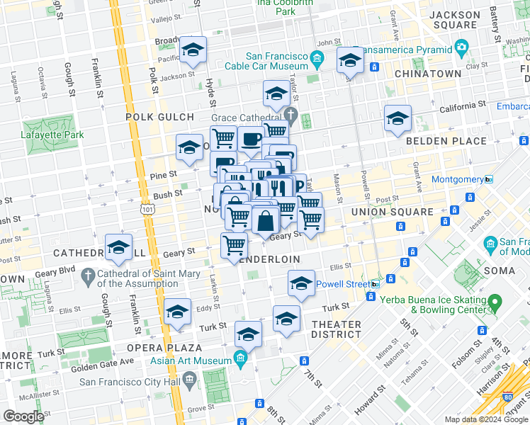 map of restaurants, bars, coffee shops, grocery stores, and more near 736 Leavenworth Street in San Francisco