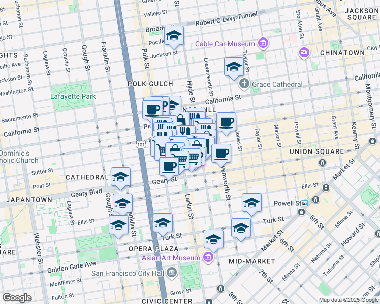 map of restaurants, bars, coffee shops, grocery stores, and more near 1078 Sutter Street in San Francisco
