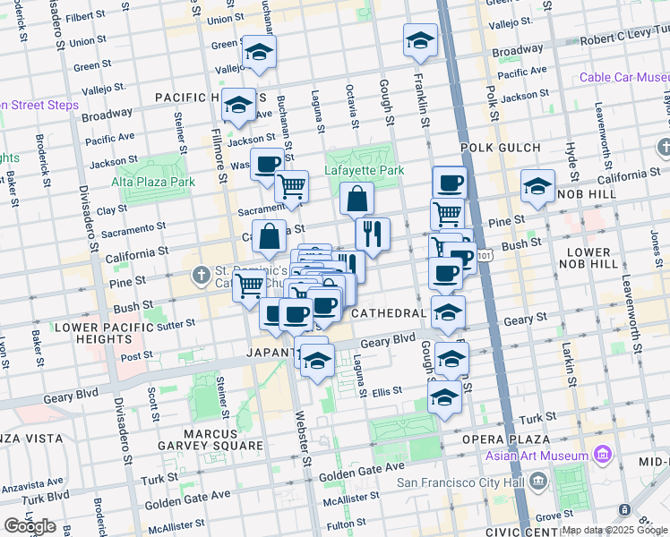 map of restaurants, bars, coffee shops, grocery stores, and more near 1830 Laguna Street in San Francisco