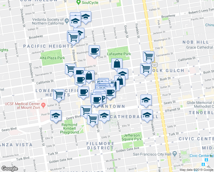 map of restaurants, bars, coffee shops, grocery stores, and more near 1998 Bush Street in San Francisco