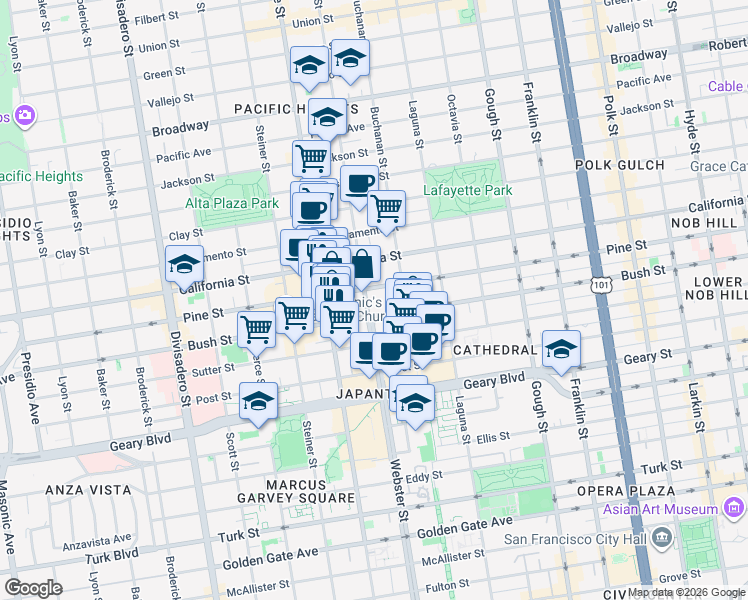 map of restaurants, bars, coffee shops, grocery stores, and more near 2133-2137 Pine Street in San Francisco