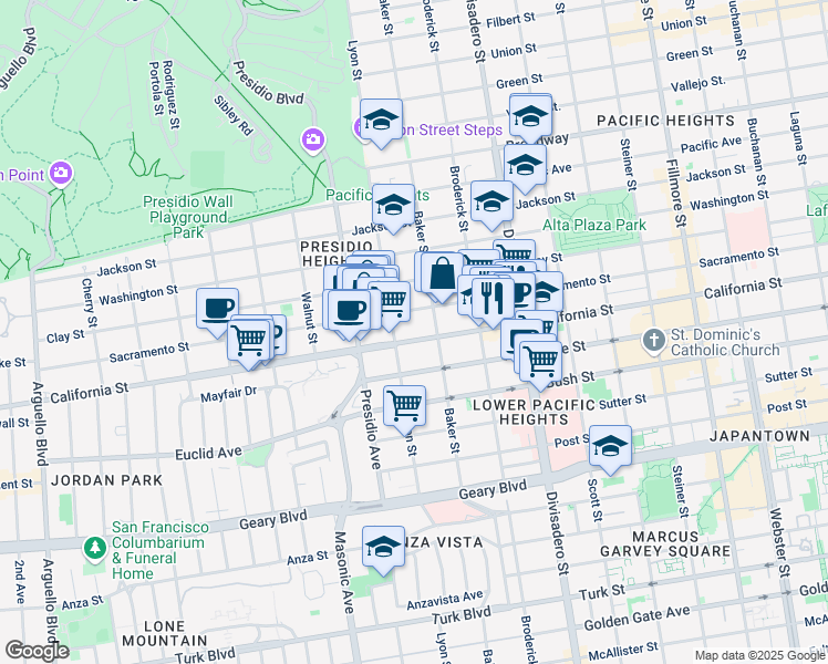 map of restaurants, bars, coffee shops, grocery stores, and more near 1814 Lyon Street in San Francisco