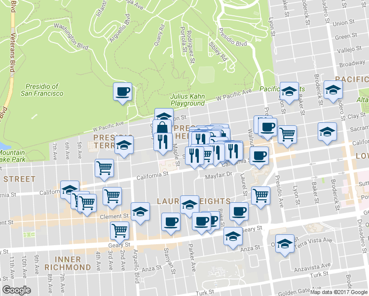 map of restaurants, bars, coffee shops, grocery stores, and more near 305 Spruce Street in San Francisco