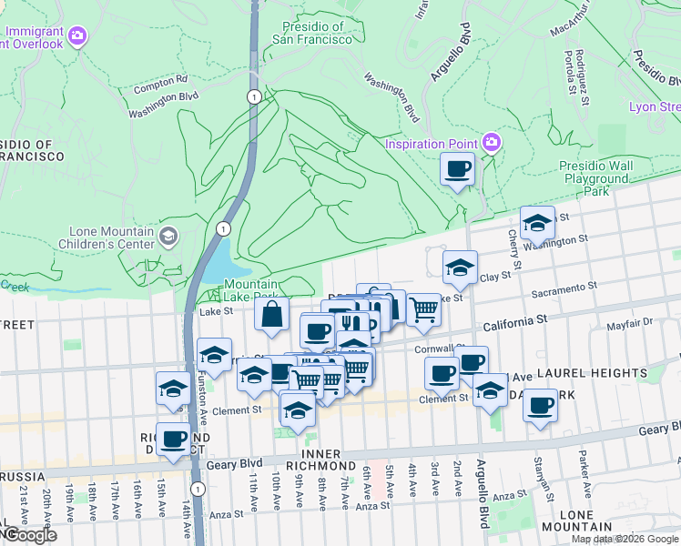 map of restaurants, bars, coffee shops, grocery stores, and more near 15 7th Avenue in San Francisco