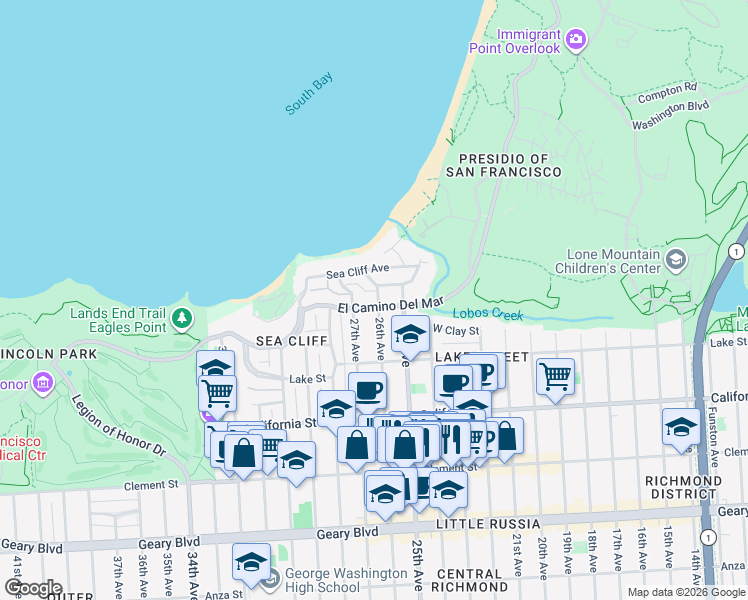 map of restaurants, bars, coffee shops, grocery stores, and more near 66 Easement in San Francisco