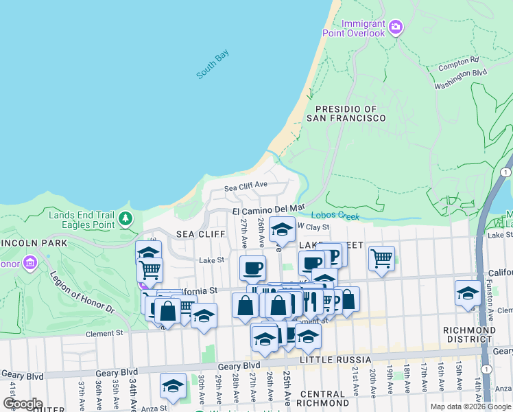 map of restaurants, bars, coffee shops, grocery stores, and more near 66 Easement in San Francisco