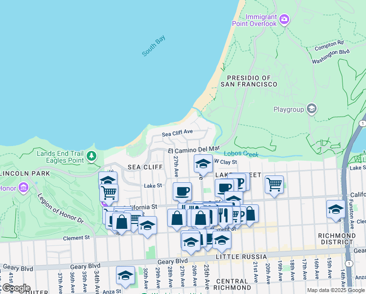 map of restaurants, bars, coffee shops, grocery stores, and more near 66 Easement in San Francisco