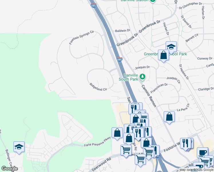 map of restaurants, bars, coffee shops, grocery stores, and more near 1870 North Forest Hill Place in Danville
