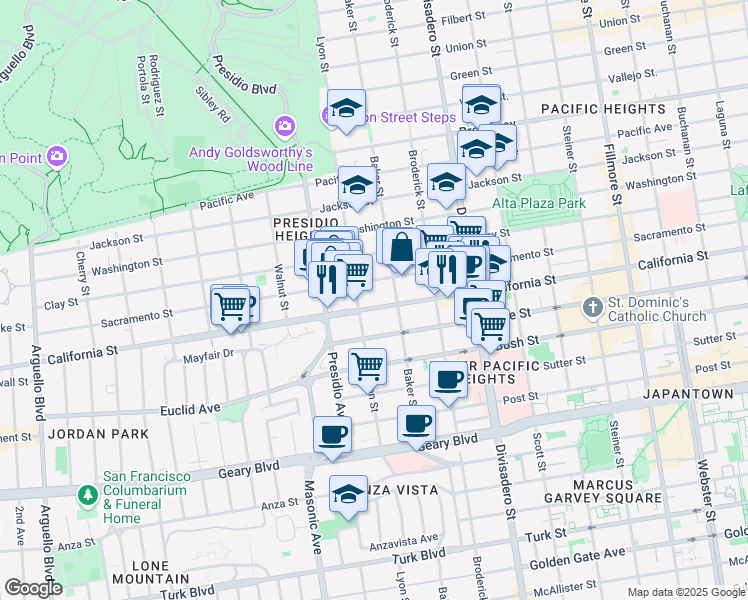 map of restaurants, bars, coffee shops, grocery stores, and more near 3054 California Street in San Francisco