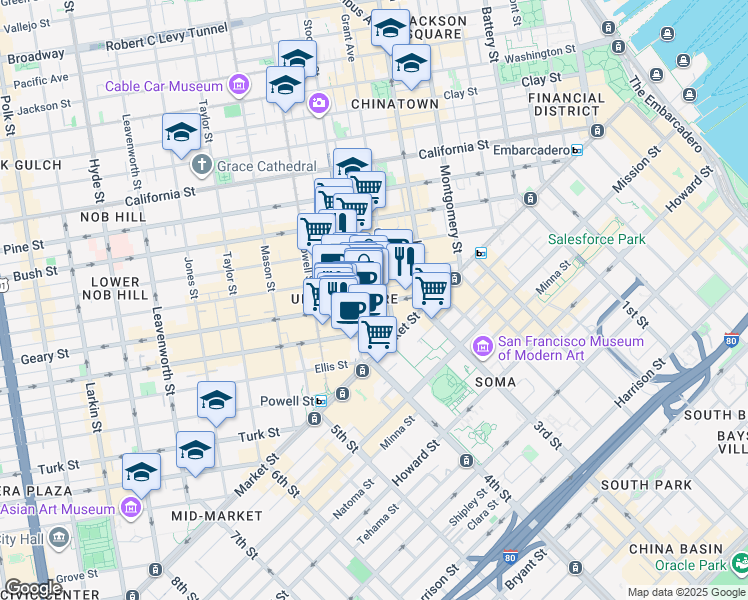 map of restaurants, bars, coffee shops, grocery stores, and more near 140 Geary Street in San Francisco