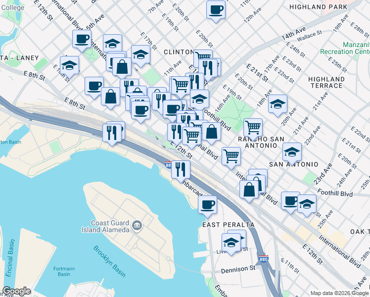 map of restaurants, bars, coffee shops, grocery stores, and more near 1516 East 12th Street in Oakland
