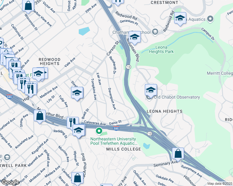 map of restaurants, bars, coffee shops, grocery stores, and more near 4689 Reinhardt Drive in Oakland