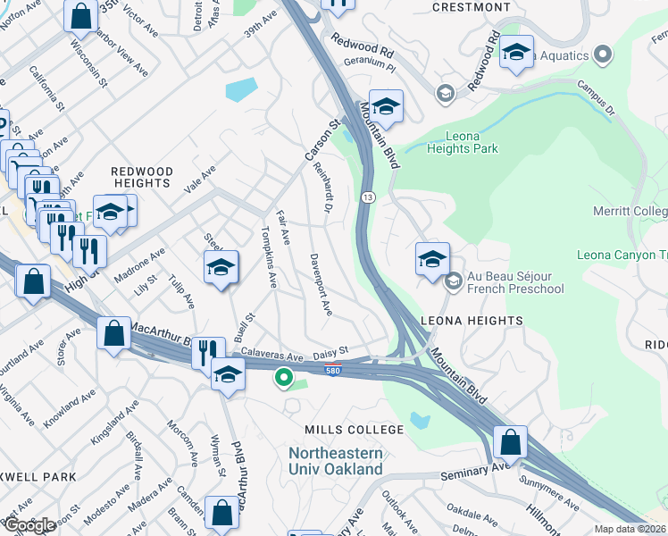 map of restaurants, bars, coffee shops, grocery stores, and more near 4689 Reinhardt Drive in Oakland