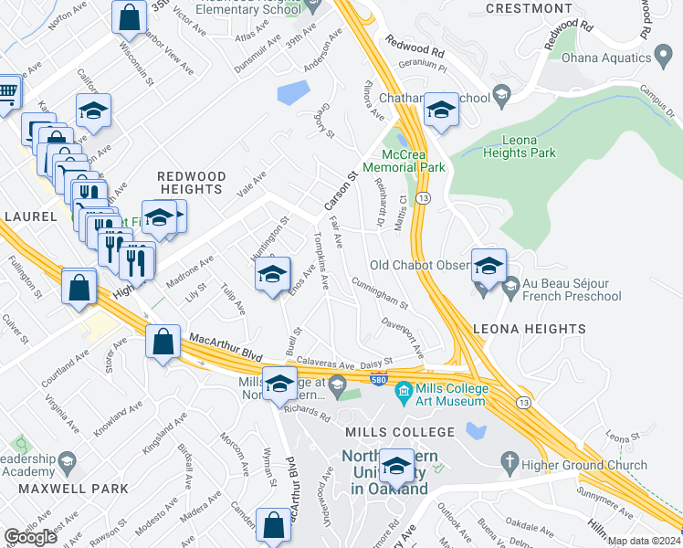 map of restaurants, bars, coffee shops, grocery stores, and more near 4689 Fair Avenue in Oakland