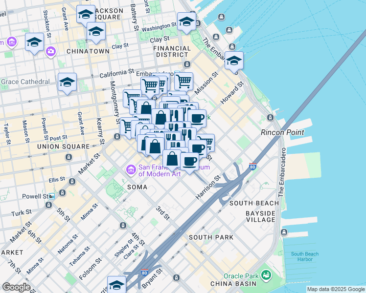 map of restaurants, bars, coffee shops, grocery stores, and more near 524 Howard Street in San Francisco