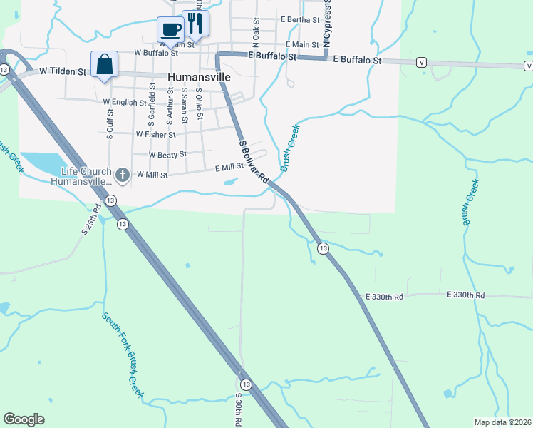 map of restaurants, bars, coffee shops, grocery stores, and more near 200 Zoe Akins Road in Humansville