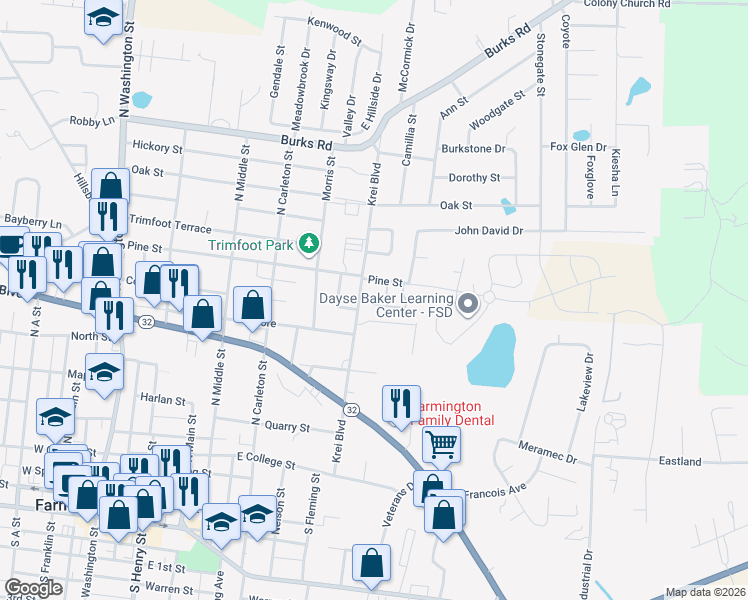 map of restaurants, bars, coffee shops, grocery stores, and more near 214 Krei Boulevard in Farmington