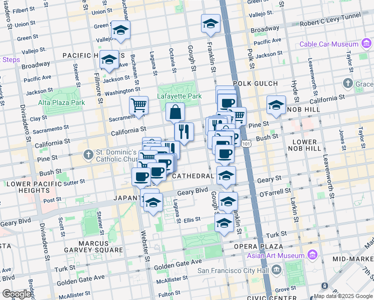 map of restaurants, bars, coffee shops, grocery stores, and more near Octavia Street in San Francisco