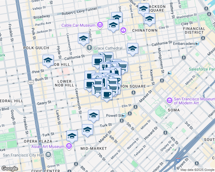 map of restaurants, bars, coffee shops, grocery stores, and more near 501 Post Street in San Francisco