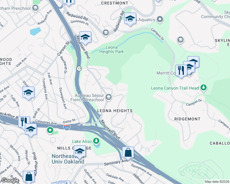 map of restaurants, bars, coffee shops, grocery stores, and more near 5018 Leona Street in Oakland